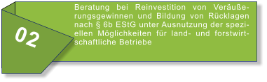 02 Beratung bei Reinvestition von Veräußerungsgewinnen und Bildung von Rücklagen nach § 6b EStG unter Ausnutzung der speziellen Möglichkeiten für land- und forstwirtschaftliche Betriebe