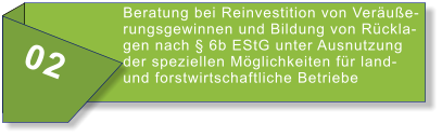 02 Beratung bei Reinvestition von Veräußerungsgewinnen und Bildung von Rücklagen nach § 6b EStG unter Ausnutzung der speziellen Möglichkeiten für land- und forstwirtschaftliche Betriebe